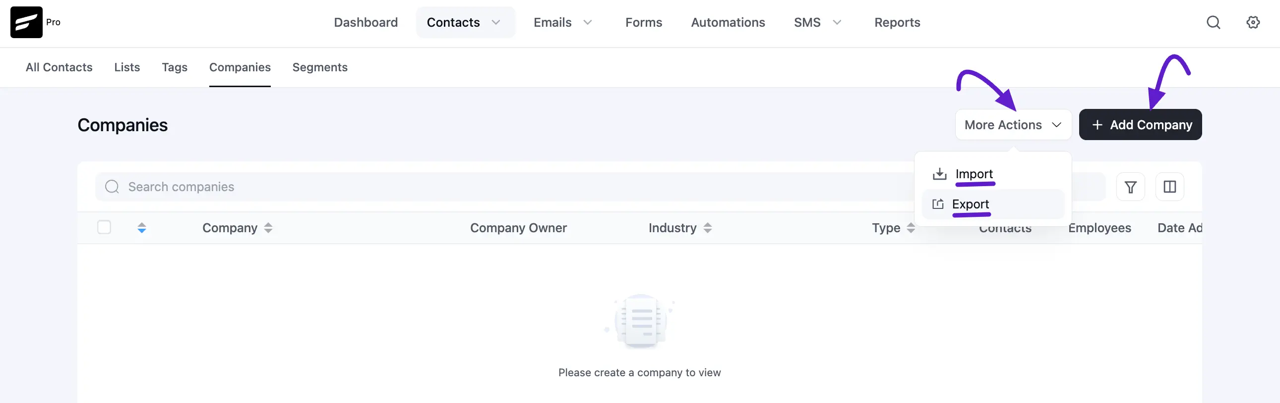 add company, import, and export button
