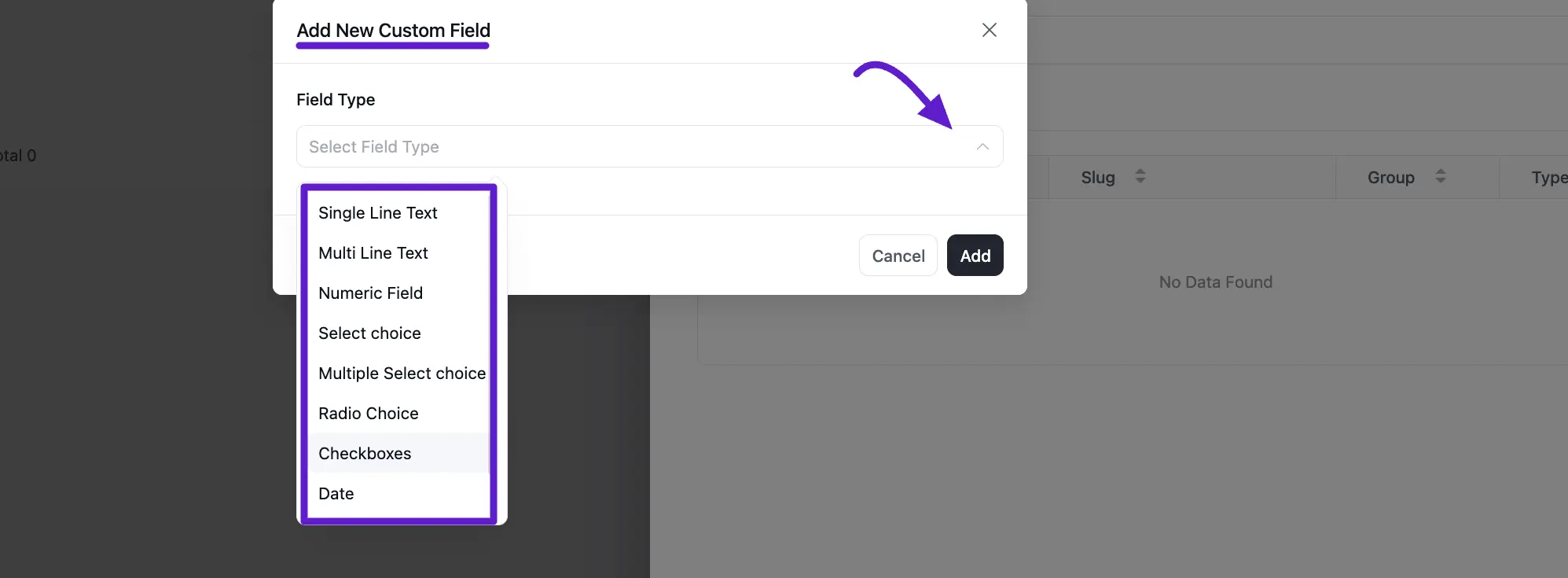 add new custom field popup page