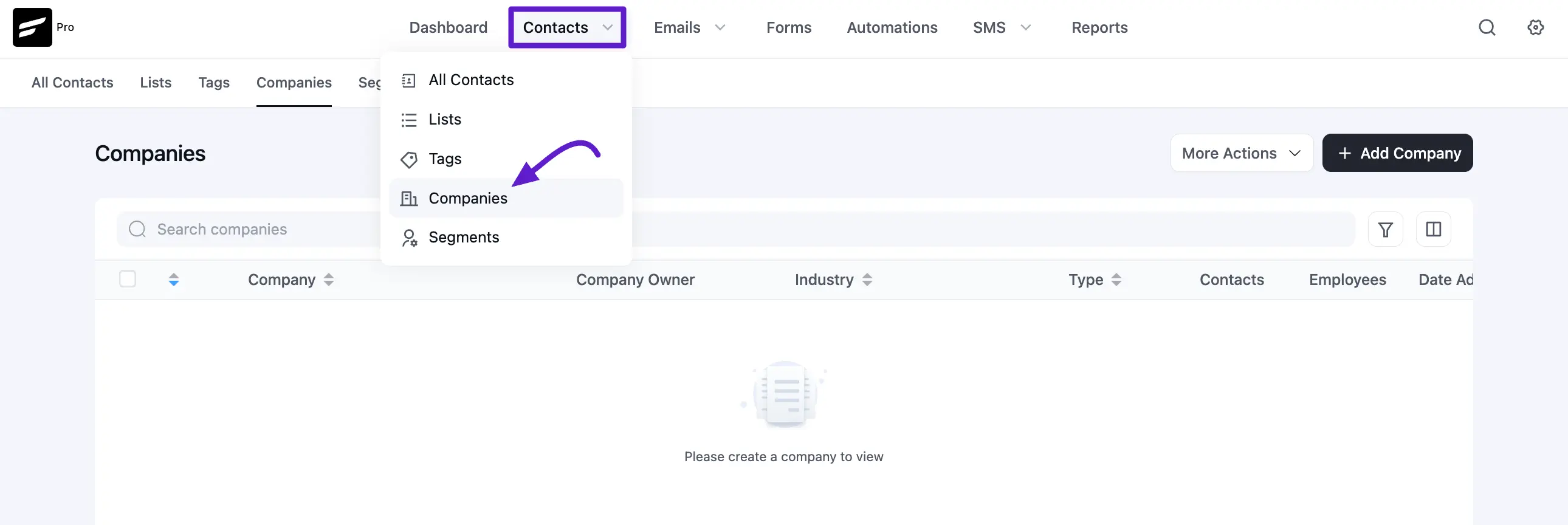 companies option under contacts section