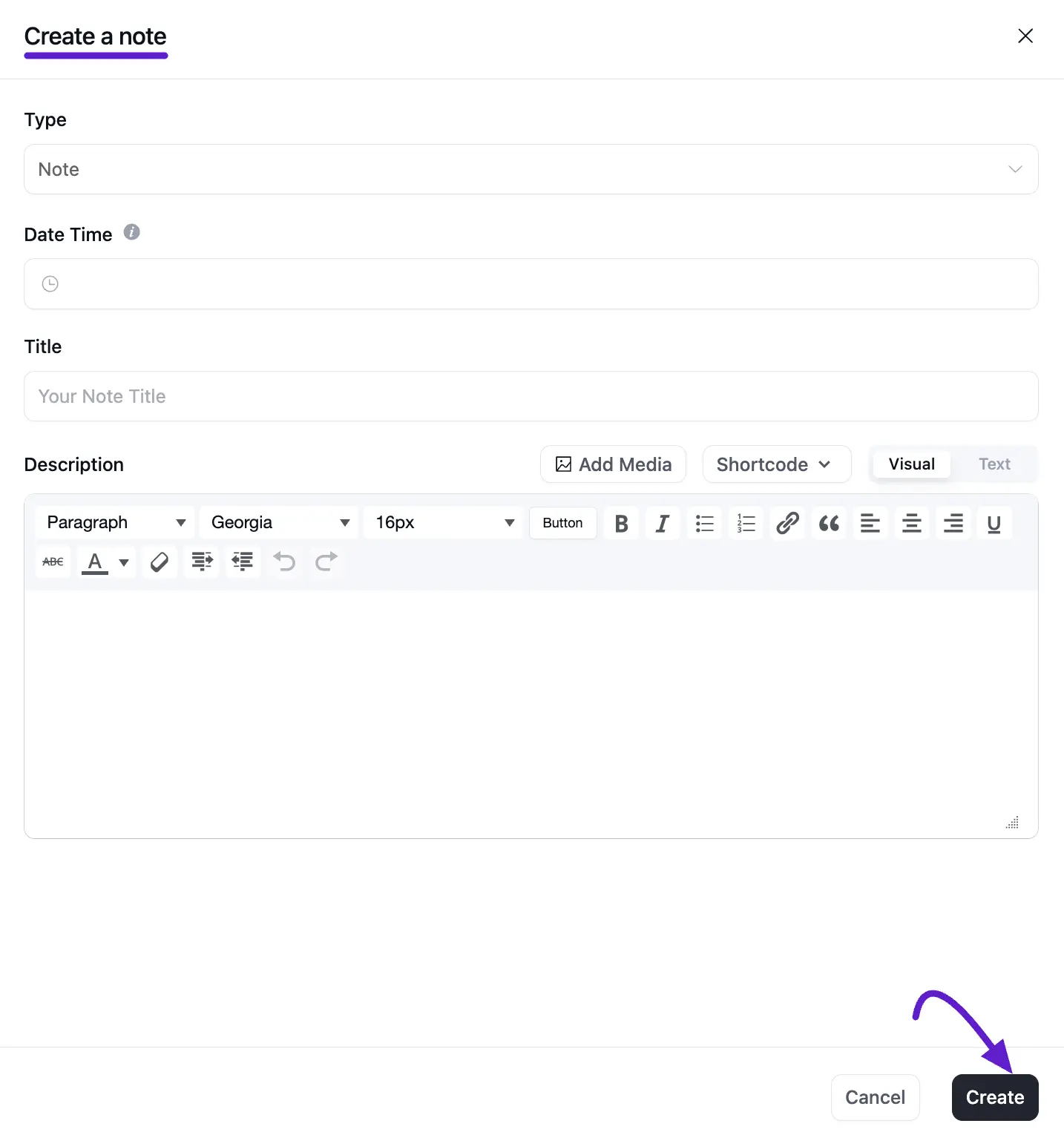 create note popup page