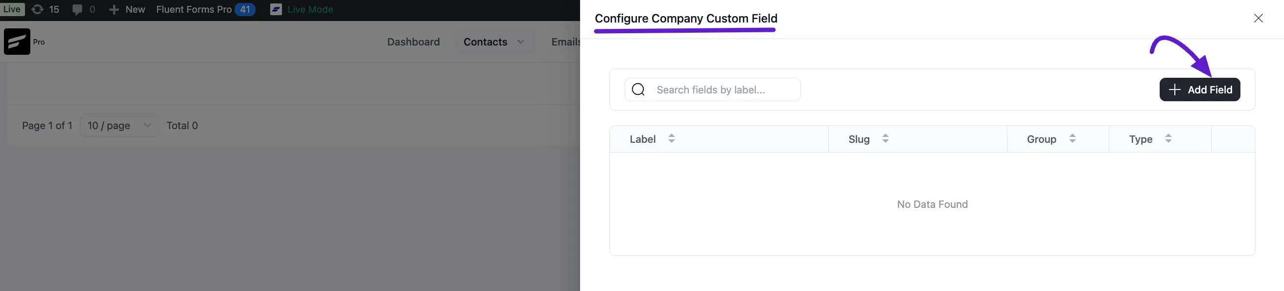 custom field popup page