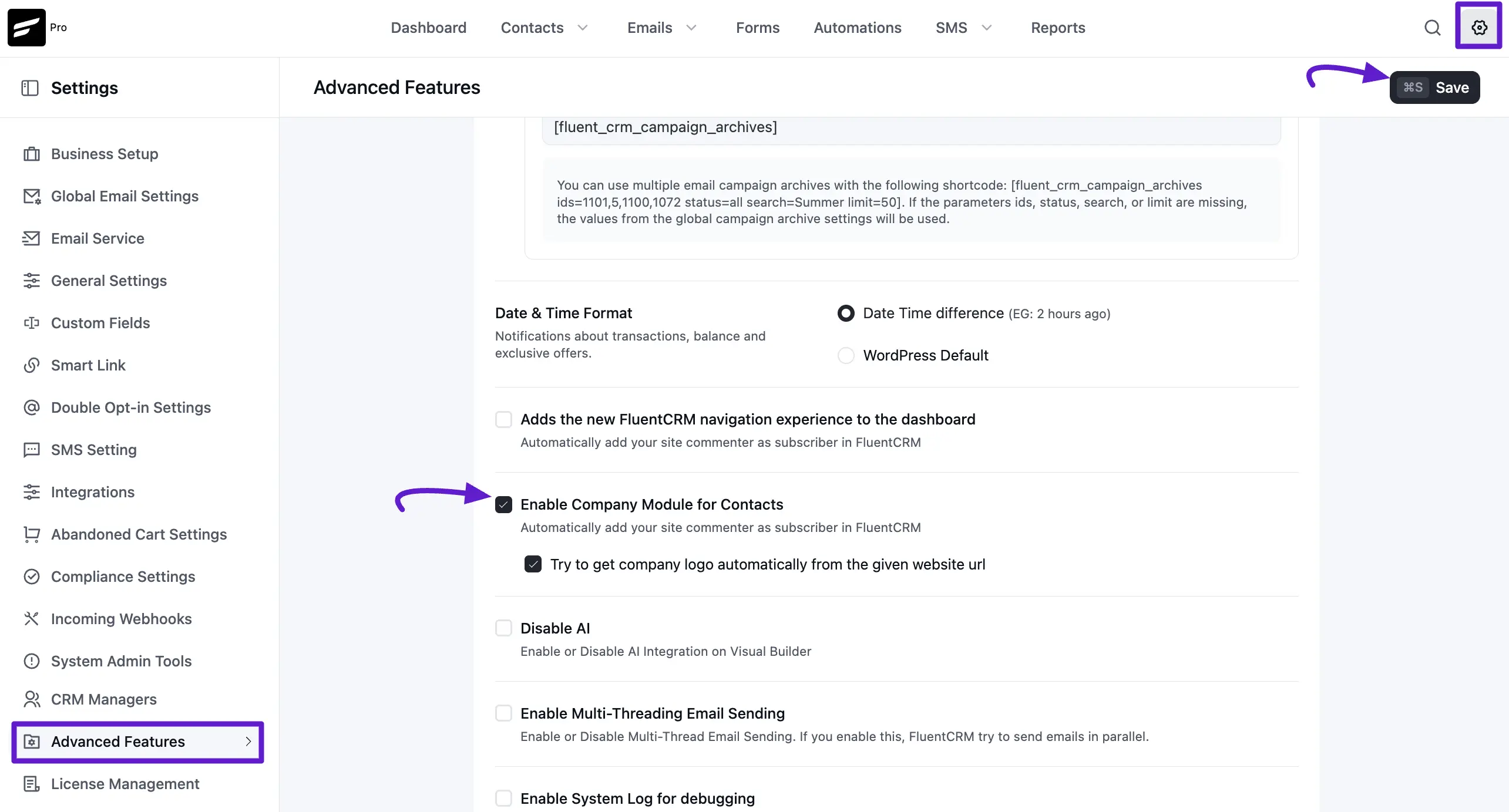 enabling company module from advanced feature config