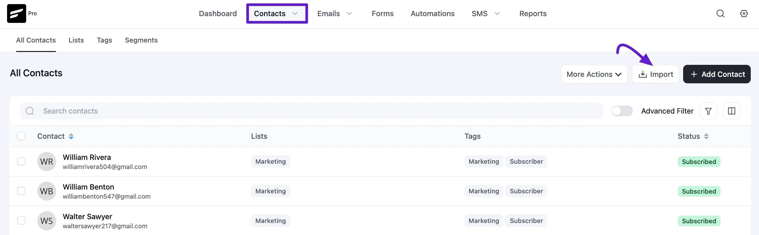 crm contacts options