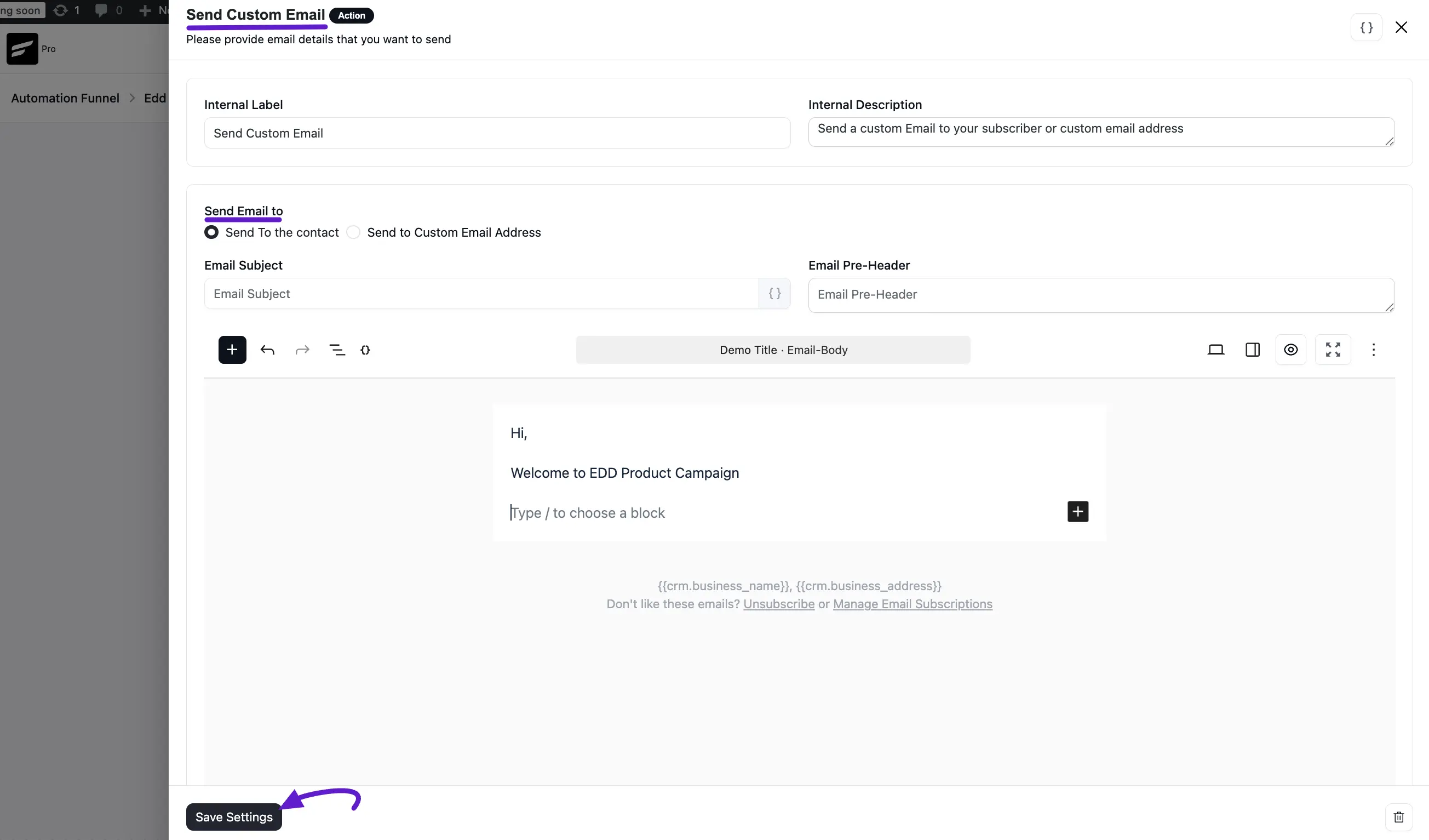 Sends a Custom Email