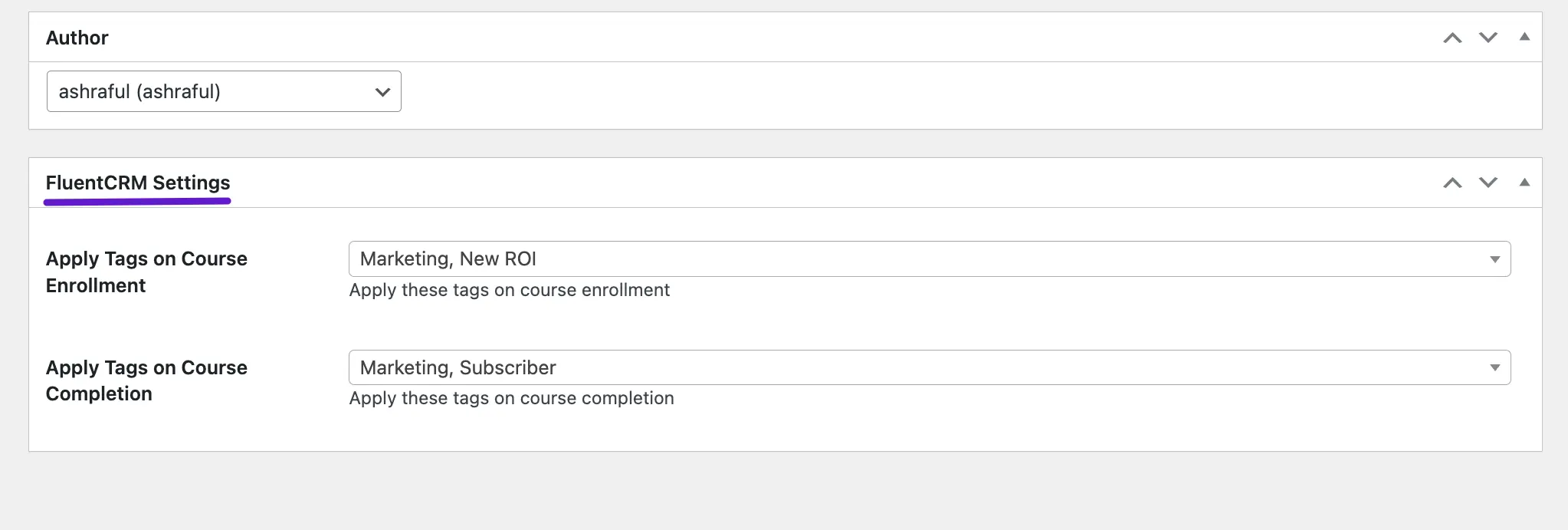 learnpress course enrollment and course completion tagging on fluentcrm