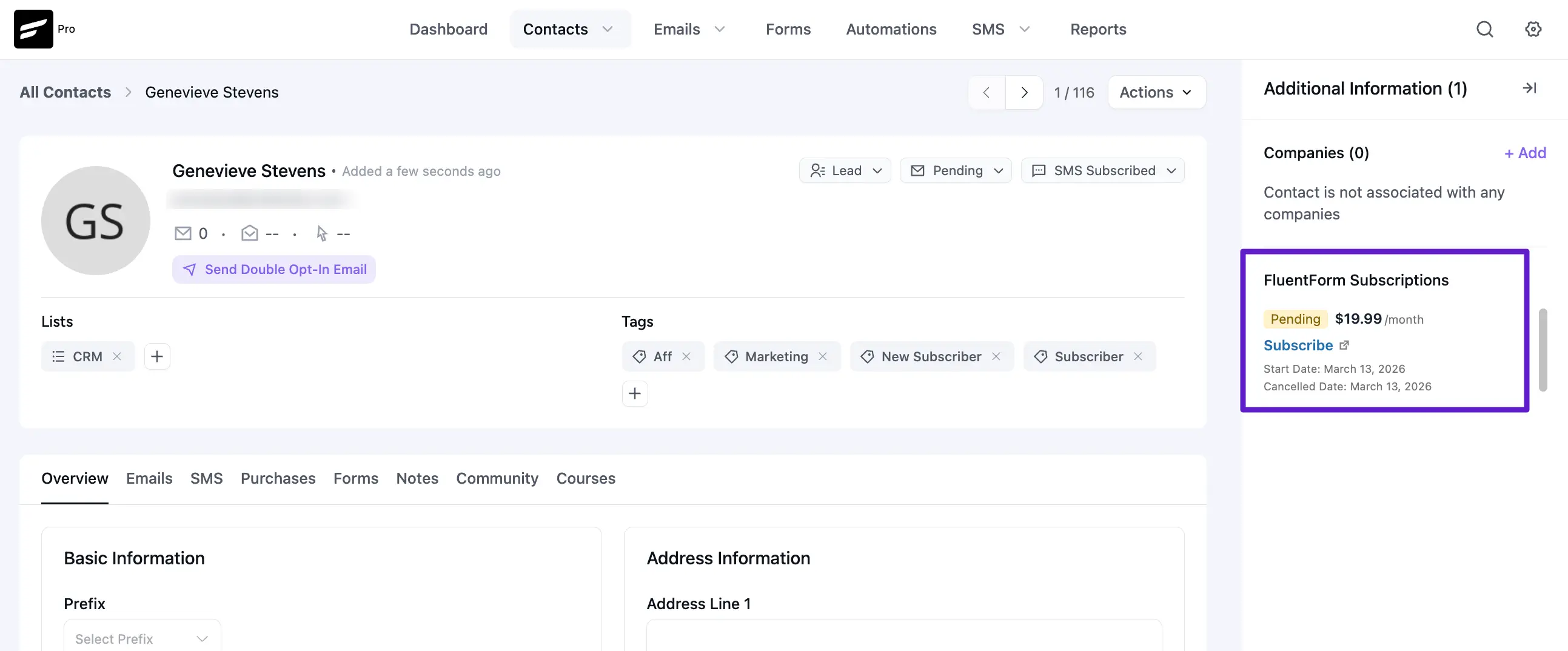 fluent forms subscriptions