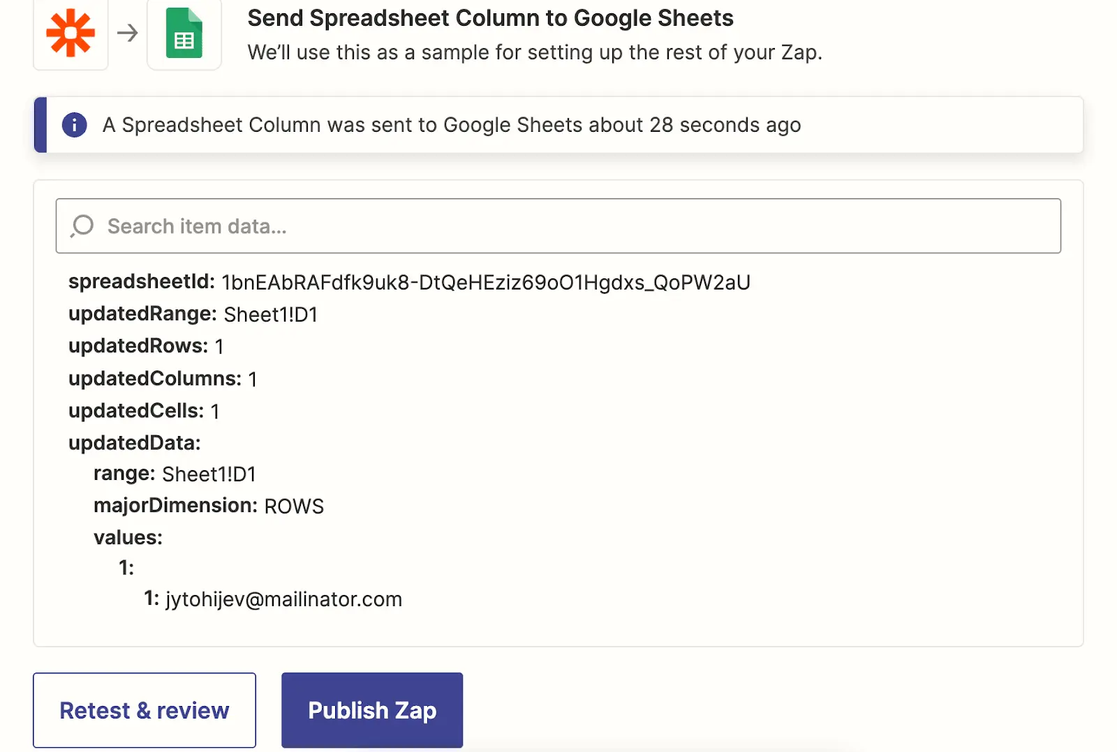 testing google sheets action in zapier