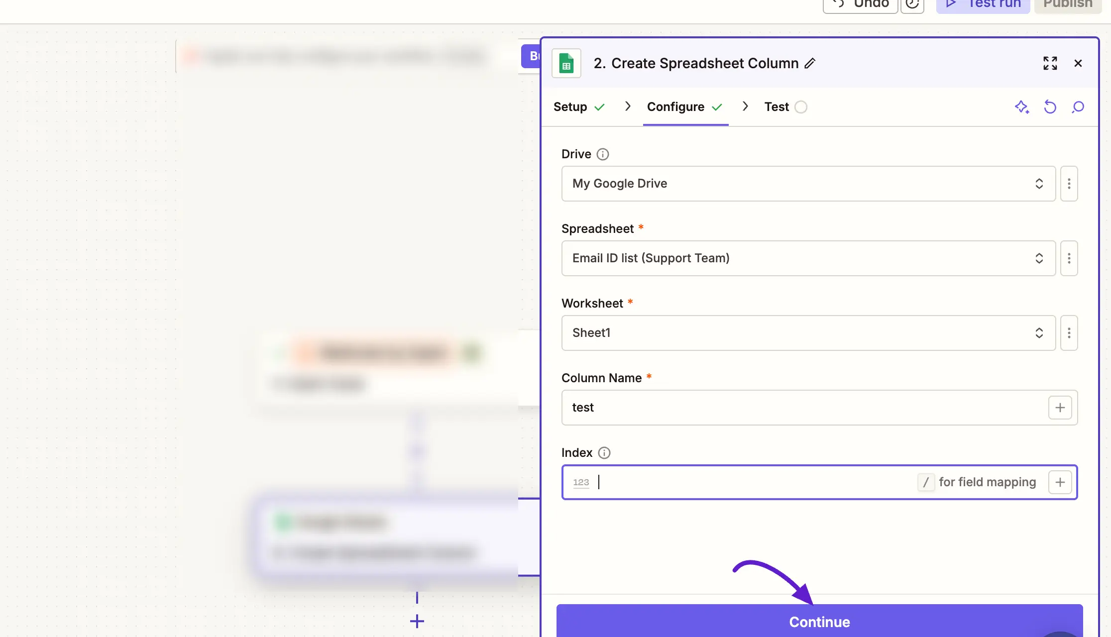 configuring google sheets action in zapier