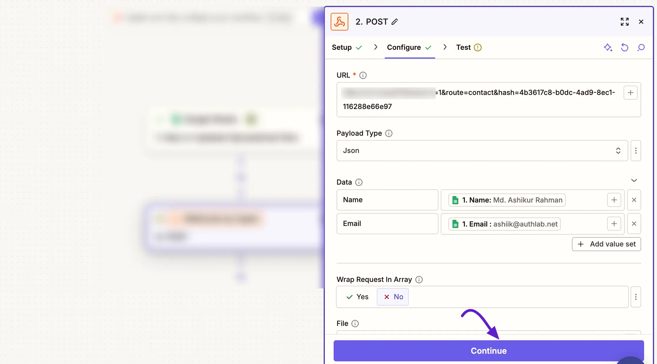 configuring action webhook in zapier