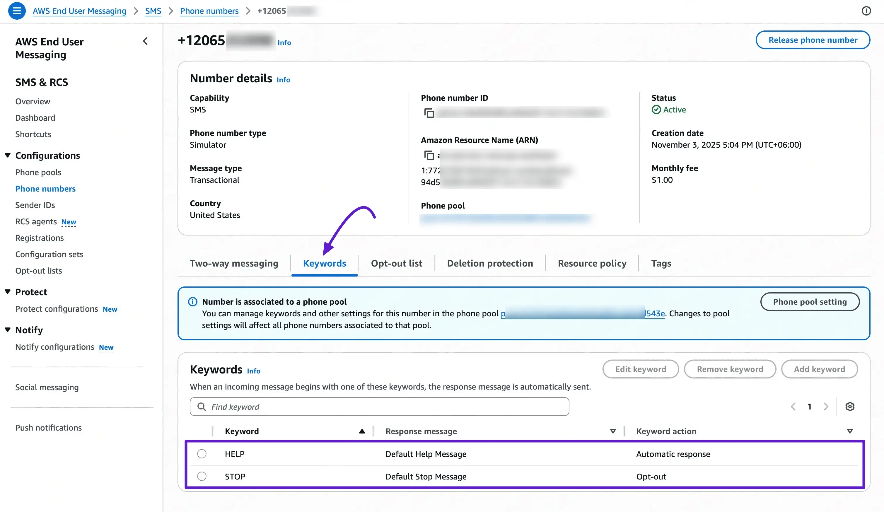 Phone number keywords tab