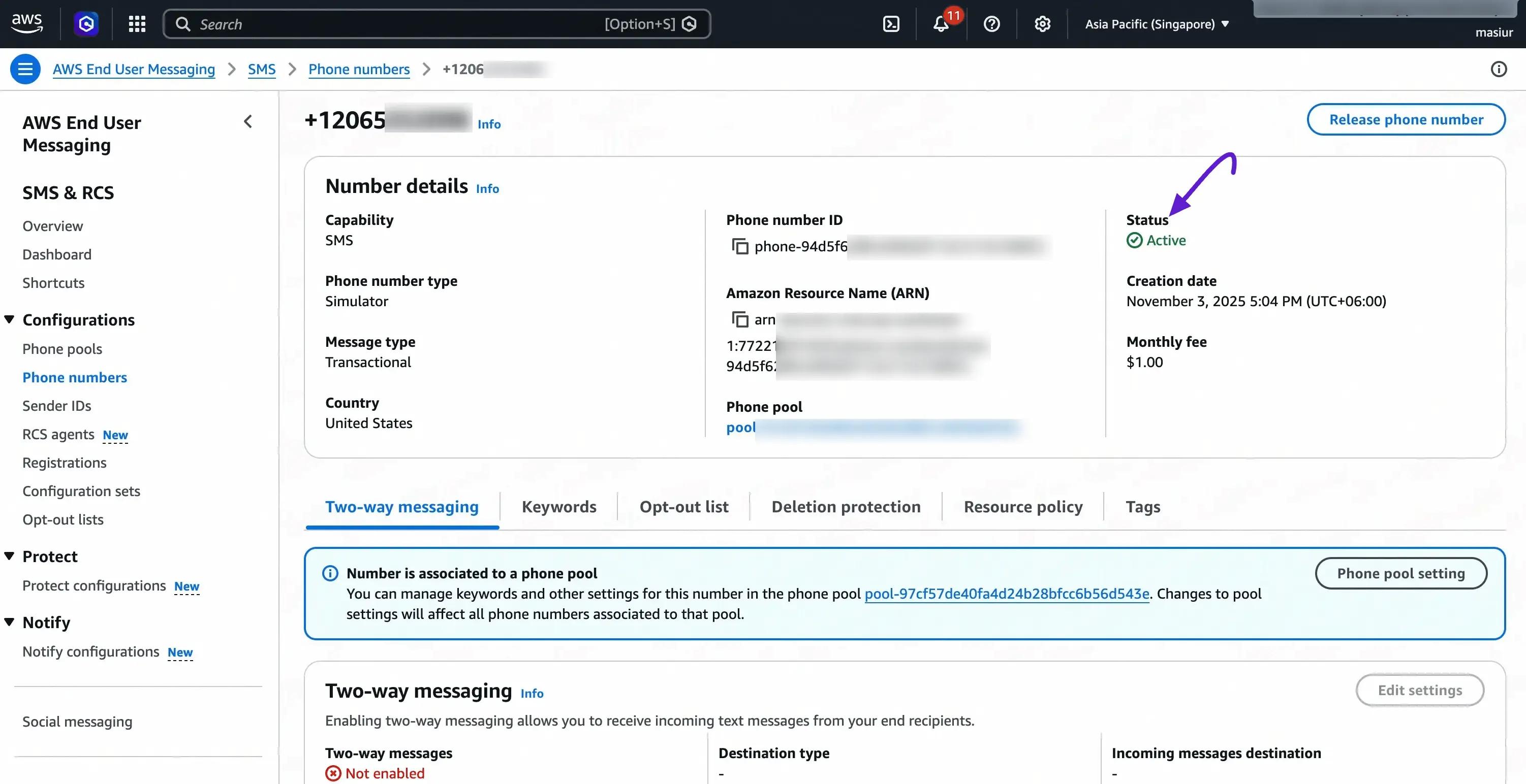 Phone number details – Two-way messaging tab