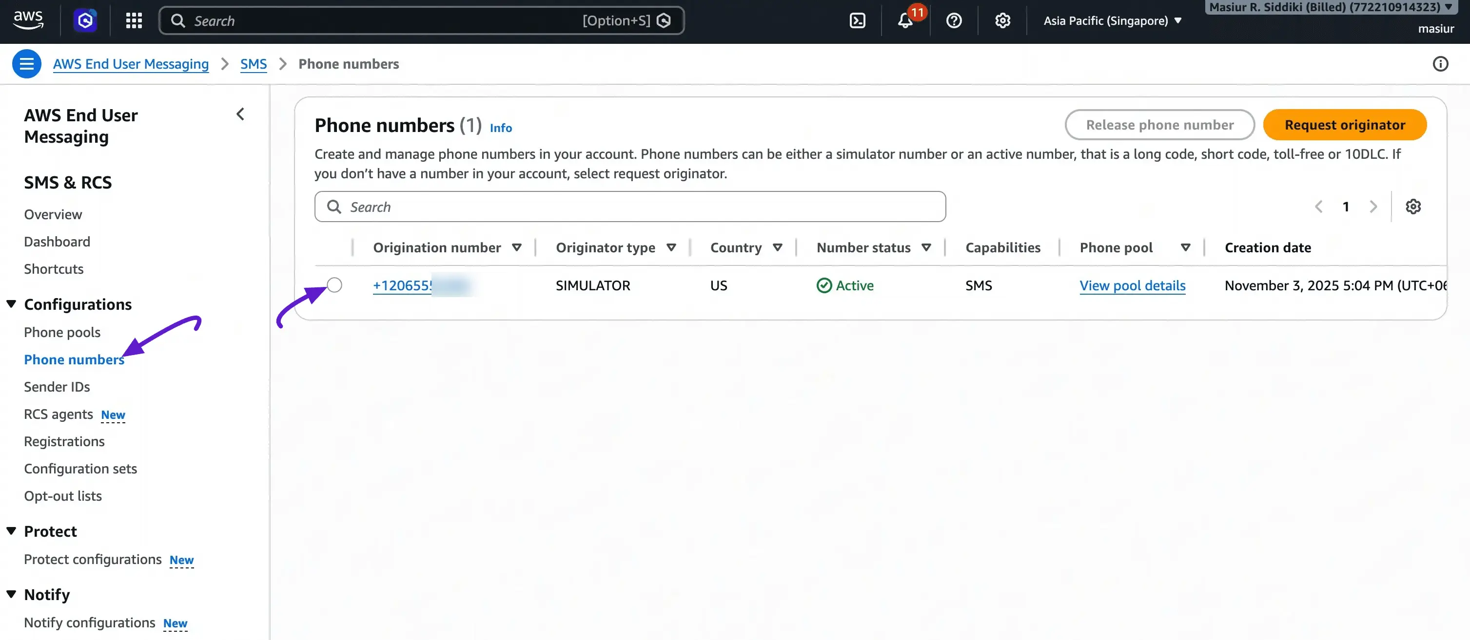 Phone numbers list in AWS End User Messaging