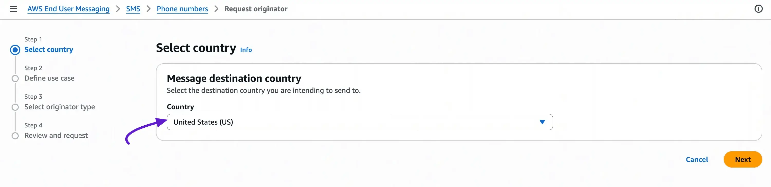 Request originator – Step 1: Select country