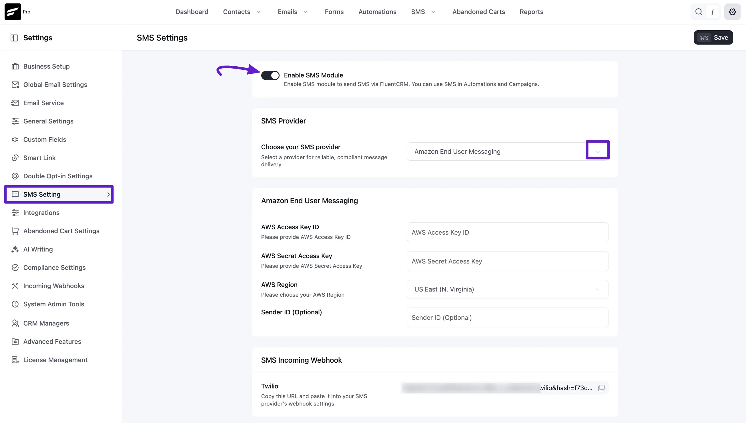Enable SMS Module and select Amazon End User Messaging