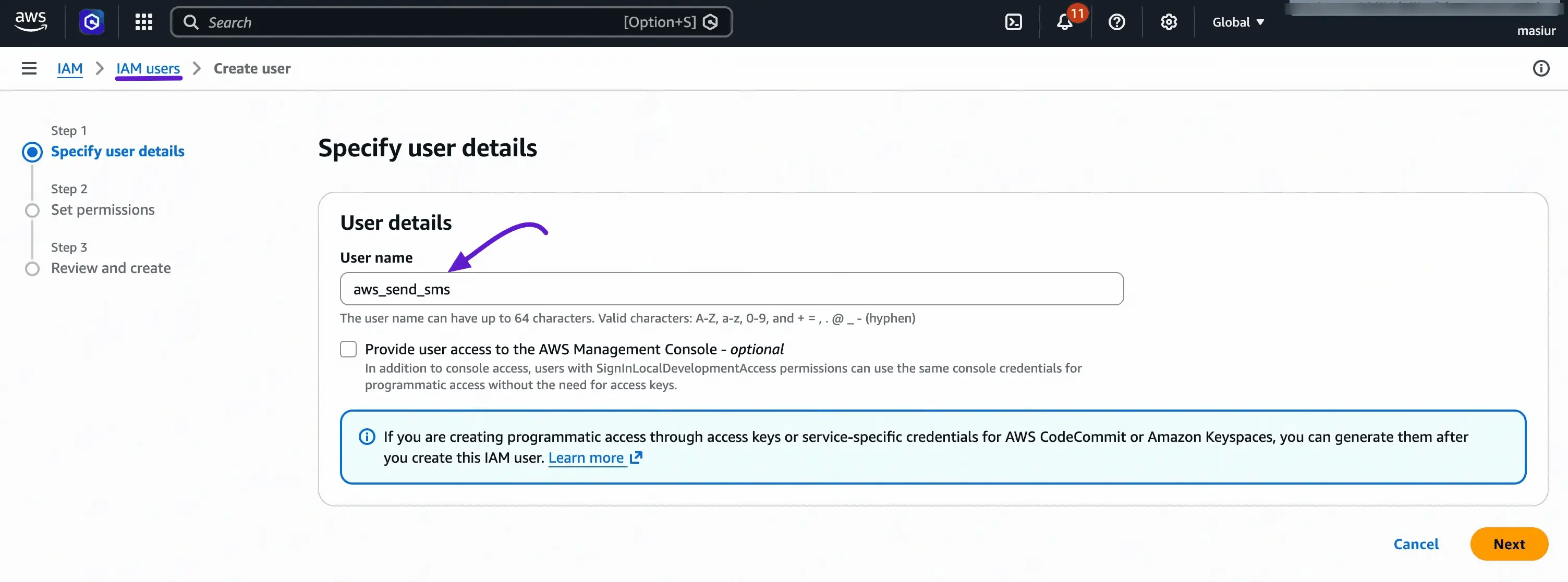 Create user – specify user details