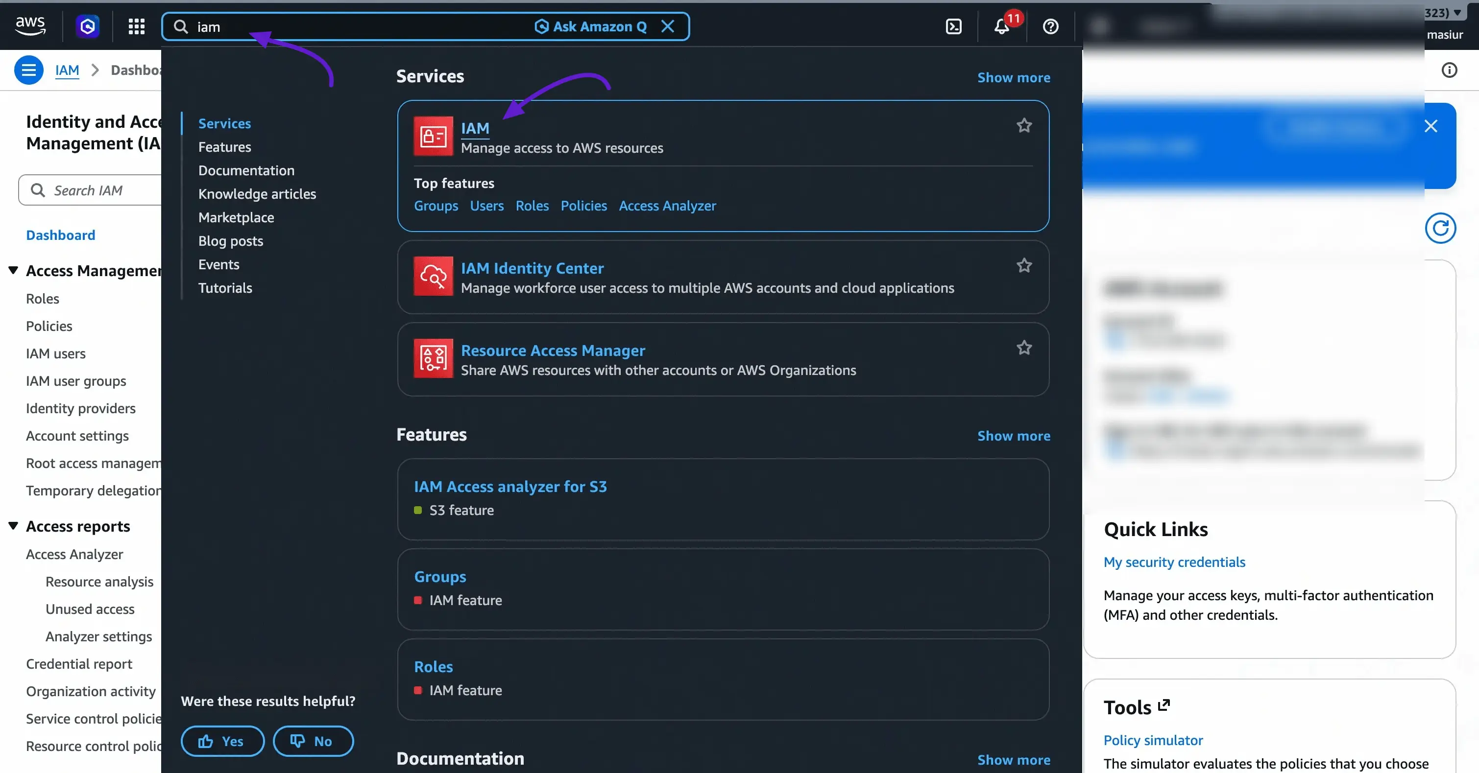 Search for IAM in AWS Console