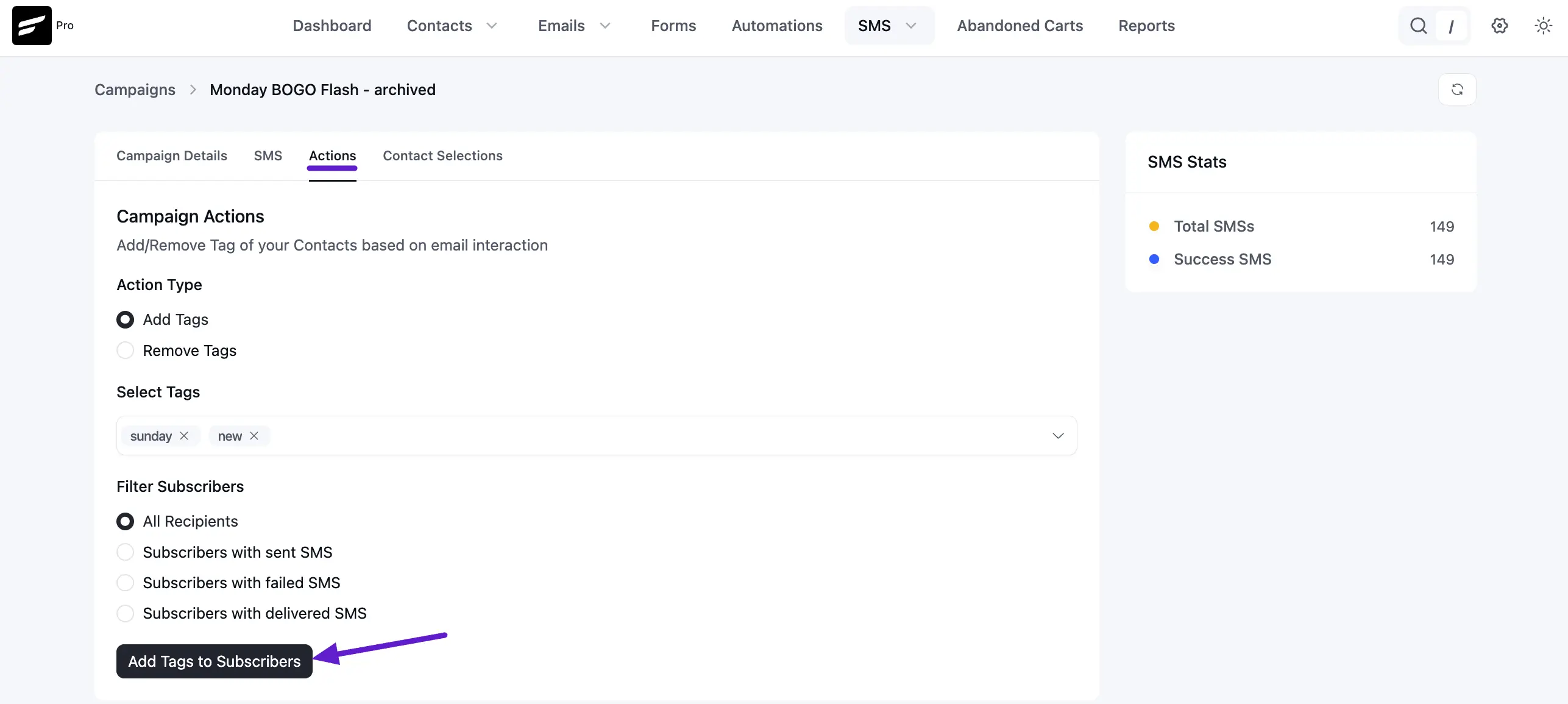 Actions tab with tag and recipient filters