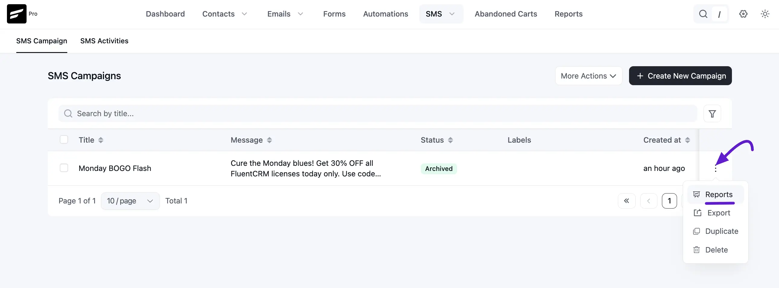 Access reports from the SMS campaign actions menu