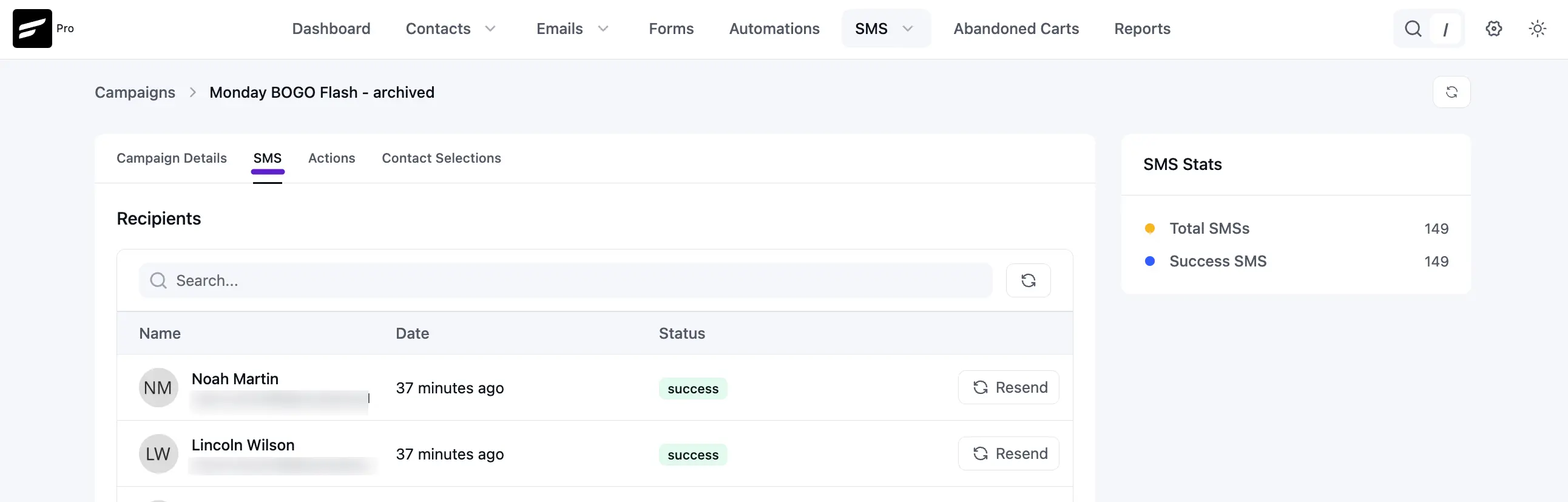 Recipients tab with delivery status and resend options